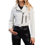 Women's back strap faux leather jacket