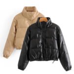 Women's cropped PU leather puffer jacket