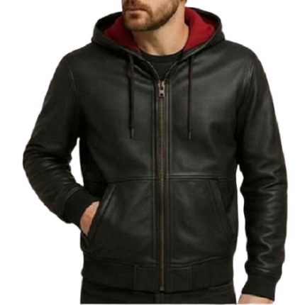 Men’s black leather hoodie jacket