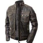 Men's vintage distressed brown cafe racer leather jacket